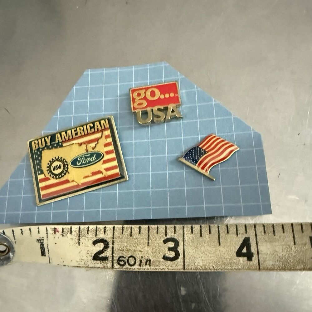 Lot Ford UAW Buy American Lapel Pin USA Flag Auto Worker Union Vintage Patriotic